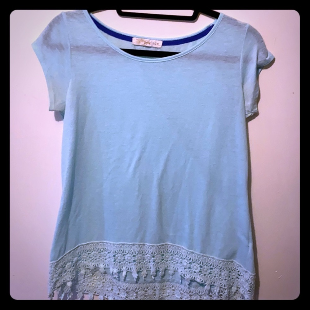 Mint green shirt sleeve w fringes the the bottom